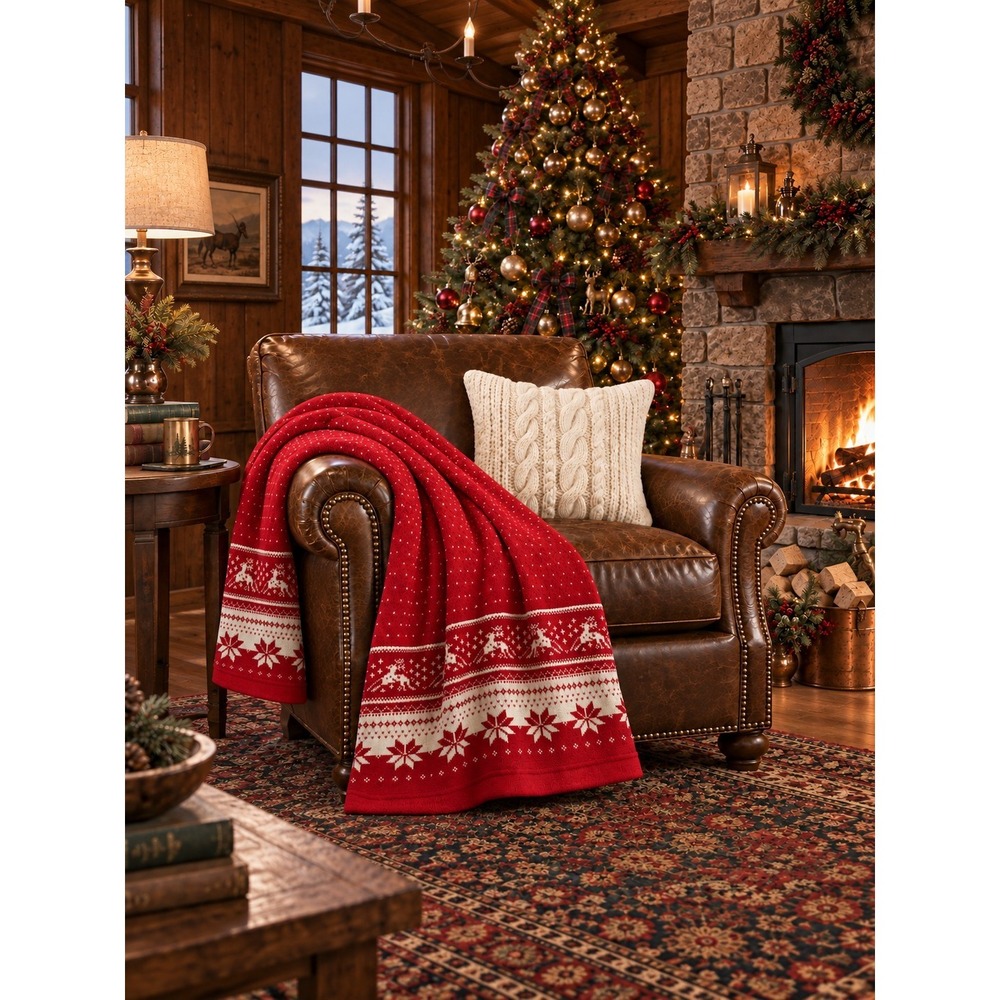 Christmas Throw Blanket Red Knit Reversible Reindeer Nordic Cozy Ski Lodge 49x68